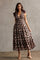 Brown Floral V-Neck Shoulder Tie Midi Dress