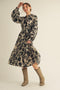 Beige Floral Button Down Bubble Sleeve Shirt Dress