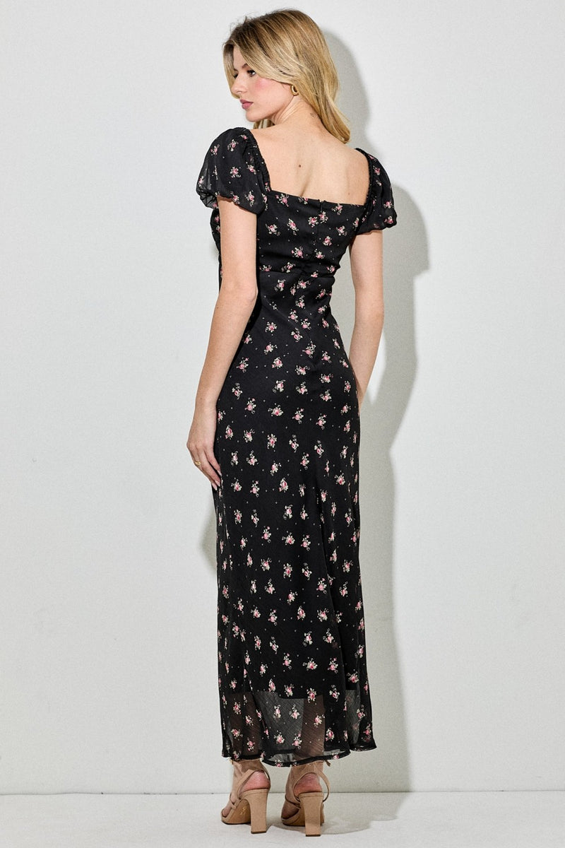 Black Floral Chiffon Midi Dress – PinkBlush