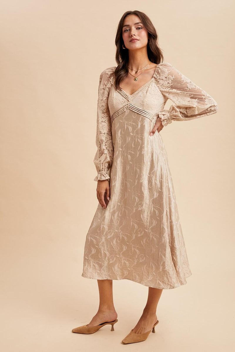 Cream Lace Jacquard Long Sleeve Midi Dress – PinkBlush