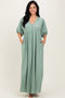 Sage Solid Woven 3/4 Sleeve V-Neck Button Down Maxi Dress