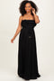 Black Ruffled Chest Pleated Maxi Dress With Self Tie