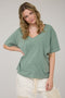 Light Olive Raw Edge V-Neck Short Sleeve T-Shirt