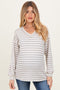 Cream/Taupe Long Puff Sleeve V-Neck Striped Maternity Top