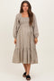 Beige Plaid Smocked Puff Sleeve Maternity Midi Dress