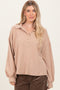 Taupe Solid Ribbed Long Sleeve Button Down Collared Top