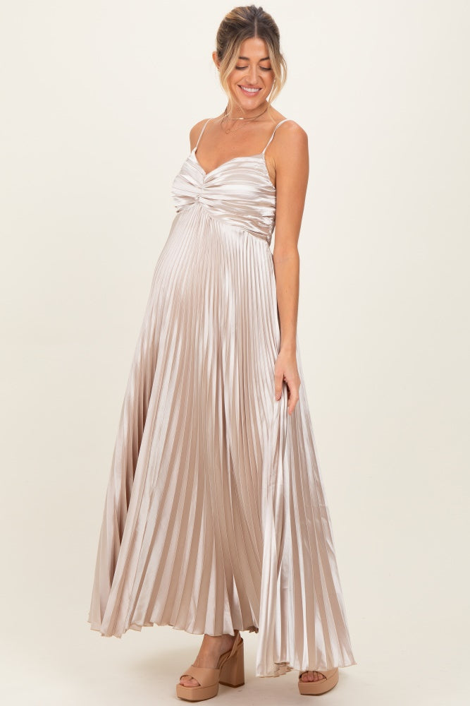 Beige Striped Knit Fitted Sleeveless Maternity Maxi Dress