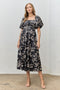 Black Floral Puff Sleeve Smocked Waist Midi Dress