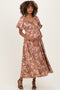 Rust Floral Puff Sleeve Smocked Waist Maternity Midi Dress