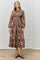 Brown Floral Smocked Long Sleeve Midi Dress