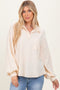 Cream Solid Ribbed Long Sleeve Pocketed Collared V-Neck Top