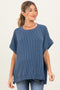Blue Solid Ribbed Short Sleeve Oversized Maternity Tunic Top