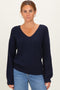 Navy V-Neck Drop Shoulder Back Bow Tie Detail Sweater