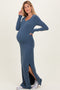 Navy Ribbed Long Sleeve Side Slit Maternity Maxi Dress