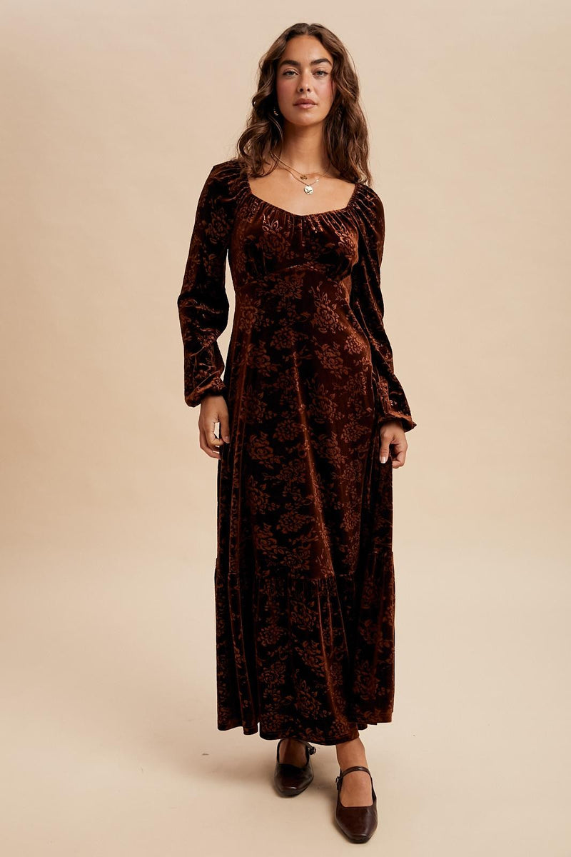 Brown Velvet Jacquard Floral Maxi Dress – PinkBlush