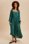 Forest Green Pleated Bodice Long Sleeve Maxi Dress