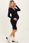 Black Ribbed Long Sleeve V-Neck Wrap Maternity Midi Dress