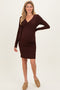 Brown Ribbed Long Sleeve V-Neck Wrap Maternity Midi Dress