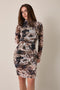 Brown Floral Mesh Overlay Ruched Dress