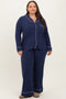Navy Button Down Top Wide Leg Pant Plus Pajama Set
