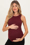 Burgundy Ribbed Basic Crew Neck Maternity Tank