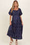 Navy Floral Puff Sleeve Tie Front Maternity Midi Dress