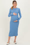 Blue Ribbed Knit Fitted Maternity Midi Sweater Dress