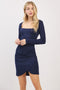 Navy Ribbed Long Sleeve Ruched Tulip Skirt Dress