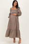 Chestnut Plaid Square Neck Long Sleeve Maternity Maxi Dress
