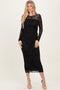 Black Floral Flocked Mesh Long Sleeve Midi Dress