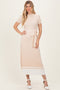 Beige Knit Pleated Sash Tie Midi Dress