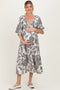 Black Damask Smocked Ruffle Tier Maternity Midi Dresses