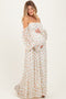 Orange Floral Lace Smocked Long Sleeve Off Shoulder Maternity Maxi Dress