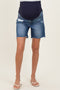 Navy Distressed Frayed Hem Midi Maternity Jean Shorts