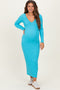 Sky Blue V-Neck Long Sleeve Fitted Maternity Maxi Dress