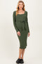 Olive Ribbed Long Sleeve Square Neck Tie Belt Maternity Midi Dress