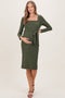 Olive Ribbed Long Sleeve Square Neck Tie Belt Maternity Midi Dress
