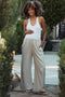 Oatmeal Pinstripe Drawstring Maternity Linen Pants