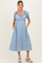 Light Blue Chambray Ruffle Neckline Maternity Midi Dress