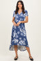 Denim Blue Floral Print Short Sleeve Hi-Low Wrap Dress
