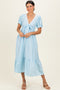 Light Blue Polka Dot Short Sleeve Lace V-Neck Ruffle Hem Maxi Dress