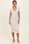Ivory/ Light Pink Striped Short Sleeve Collared V-Neck Fitted Midi Dress