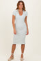 Ivory/ Blue Striped Short Sleeve Collared V-Neck Fitted Midi Dress