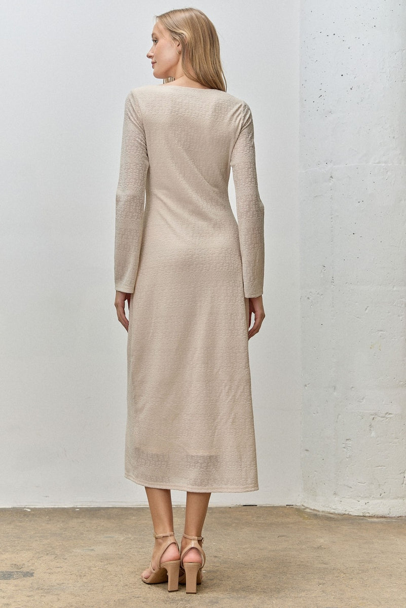 Beige Lace Jacquard Long Sleeve Midi Dress – PinkBlush