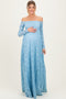 Light Blue Floral Lace Long Sleeve Off Shoulder Maternity Maxi Dress