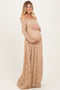 Gold Floral Lace Long Sleeve Off Shoulder Maternity Maxi Dress
