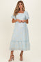 Light Blue Gingham Pleated Square Neck Maternity Midi Dress