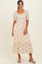 Cream Embroidered Smocked Midi Dress