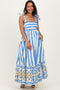 Blue Striped Shoulder Tie Printed Hem Maternity Midi Dress