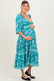 Turquoise Floral Twisted Front Flutter Sleeve Maternity Midi Dress